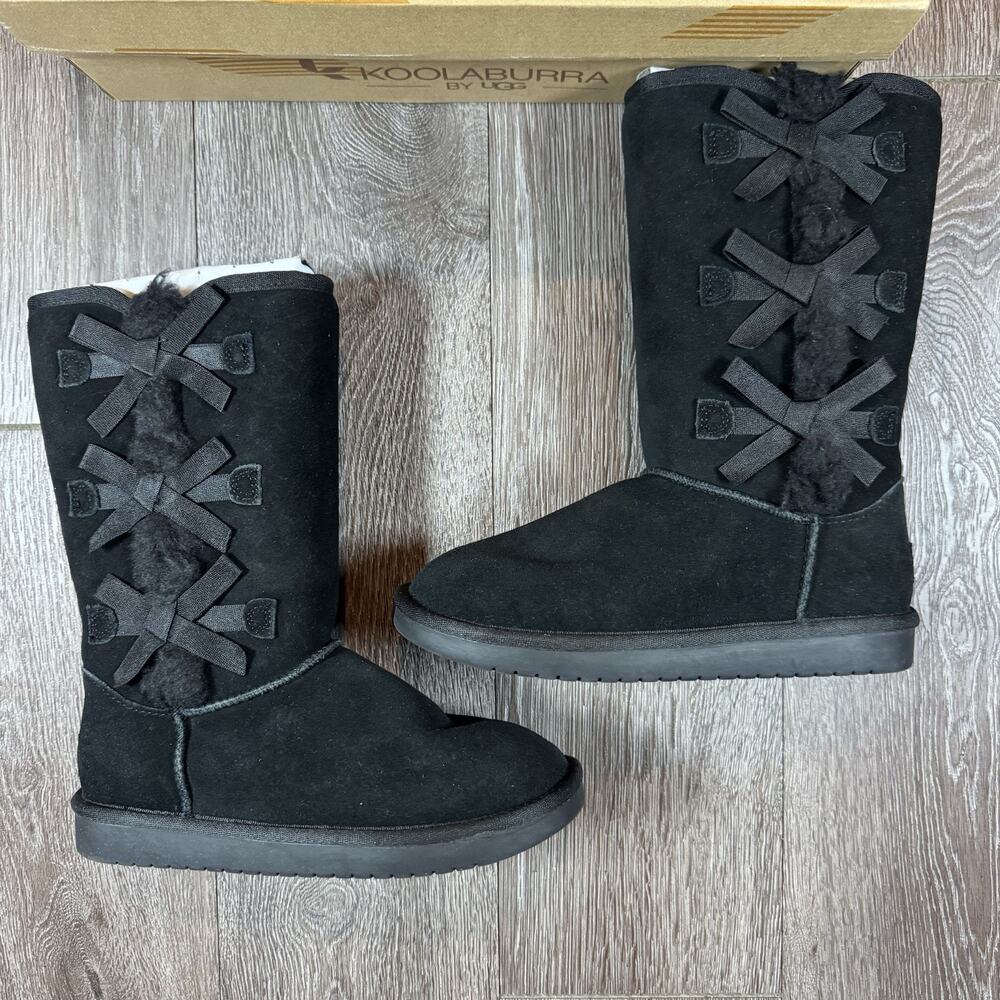 Koolaburra by Ugg Girls Victoria Tall -SZ 3 - Black Sheepskin Bow Winter Boots